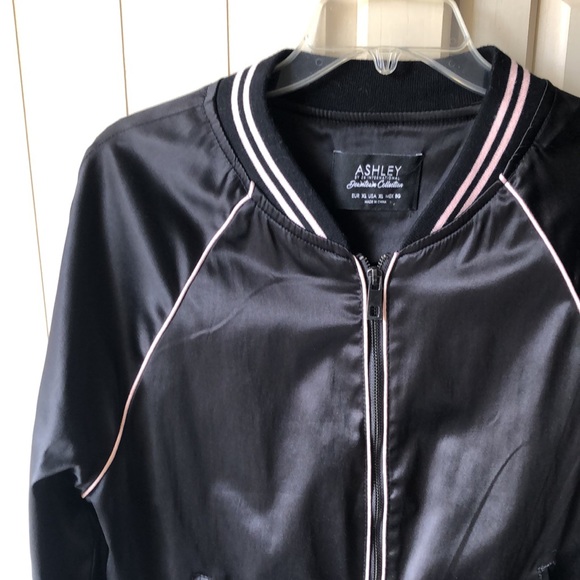 ASHLEY 26 International • Black Satin Baseball Style Bomber Jacket w/ Pink Trim - Picture 5 of 11